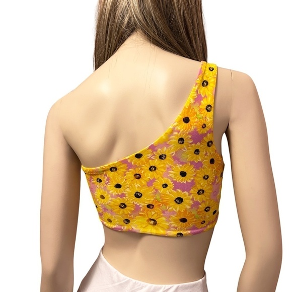 Zara One Shoulder Crop Top Tank Pullover Bralette Bandeau Sunflowers Floral - Picture 5 of 11